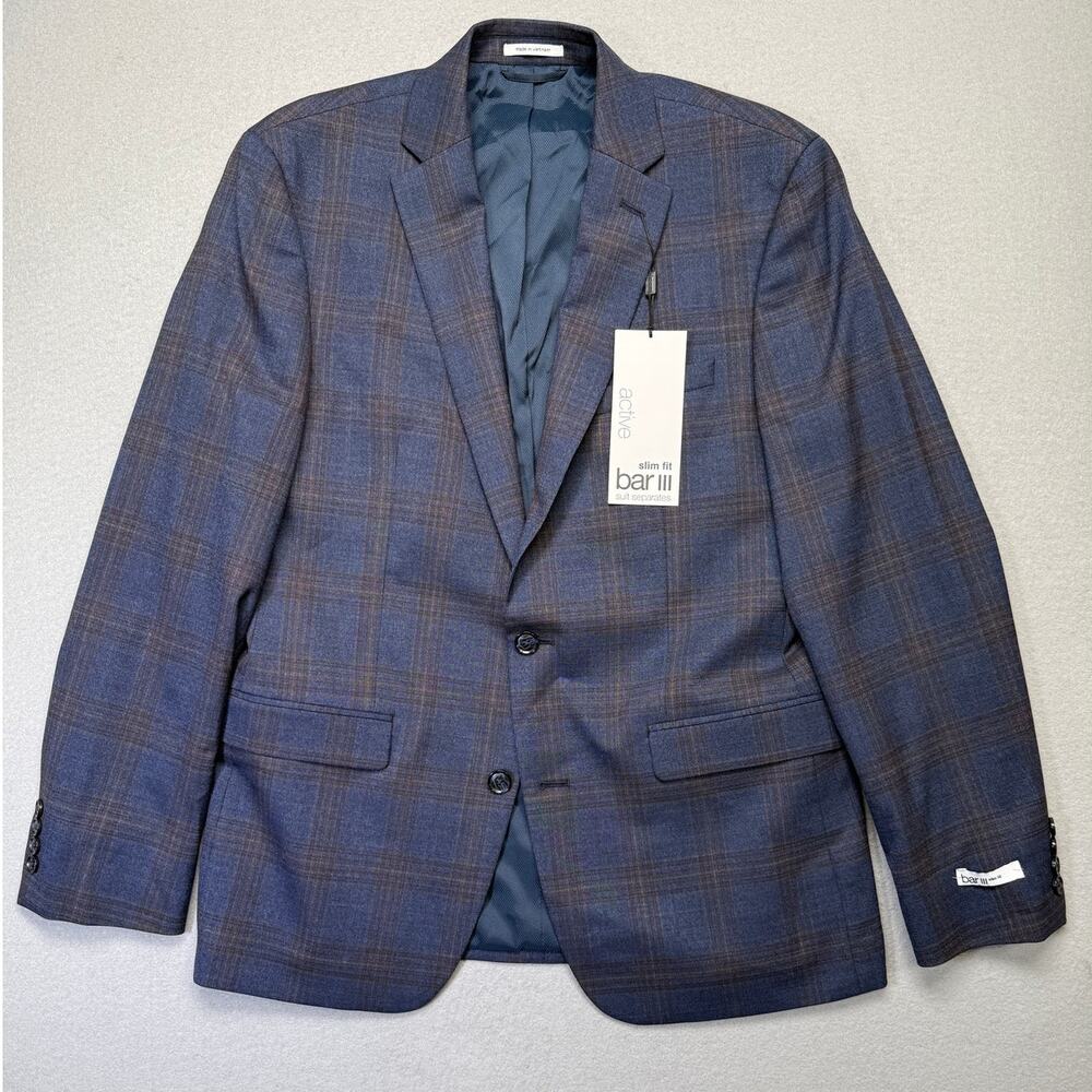 Bar III Men's Slim-Fit Wool Blend Suit Jacket Navy Plaid 40R $425